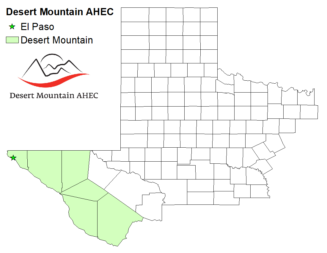 Desert Mountain AHEC location map outlining the West Texas region, highlighting El Paso.